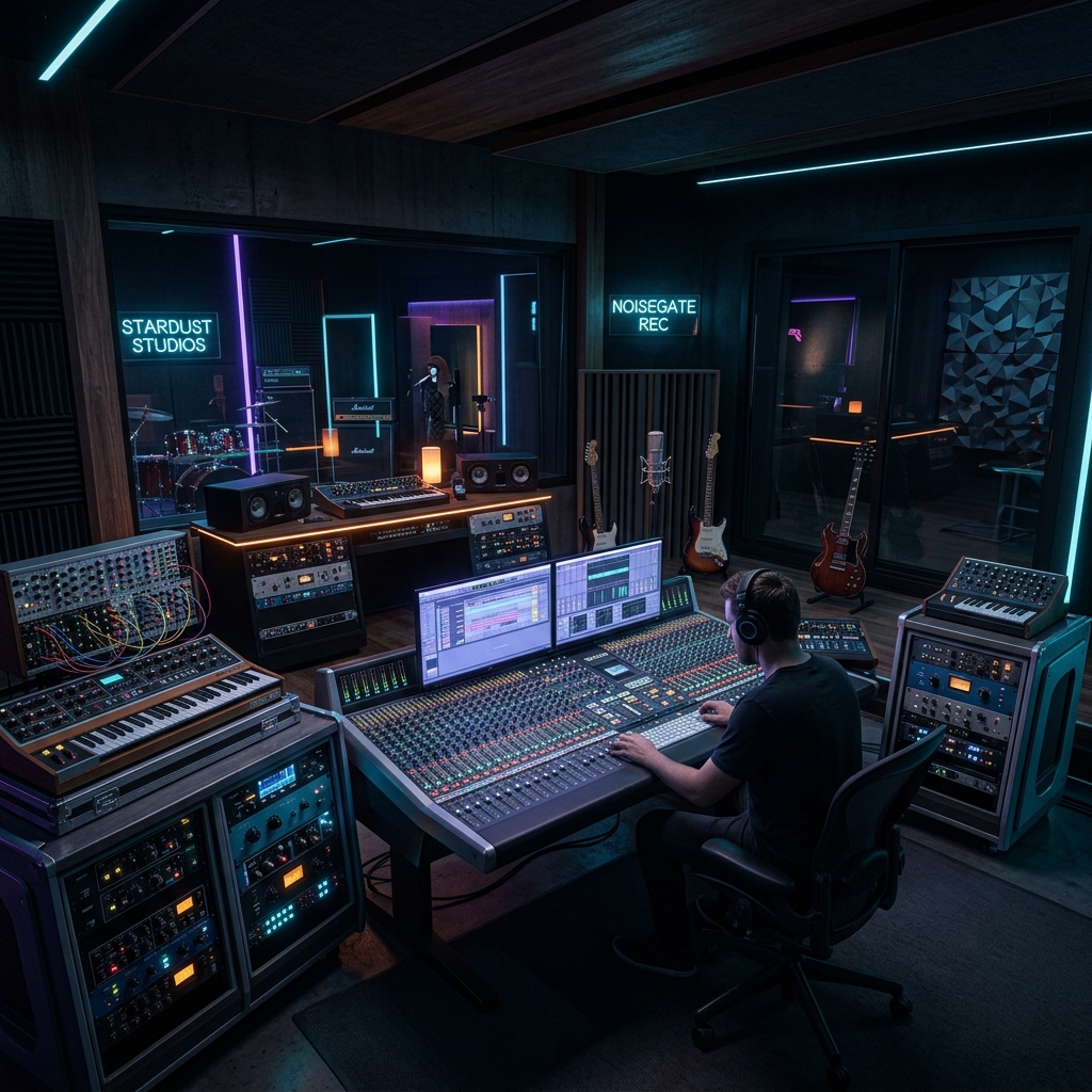 A cinematic and atmospheric wide shot of a futuristic sound studio